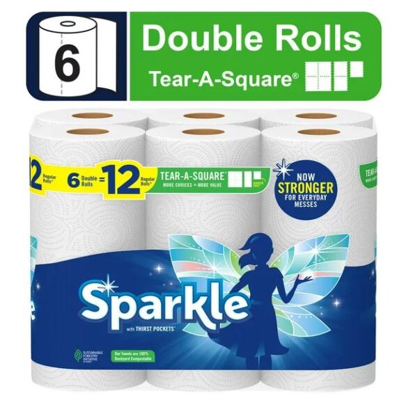 Sparkle Tear-a-Square Paper Towels, White, 6 Double Rolls